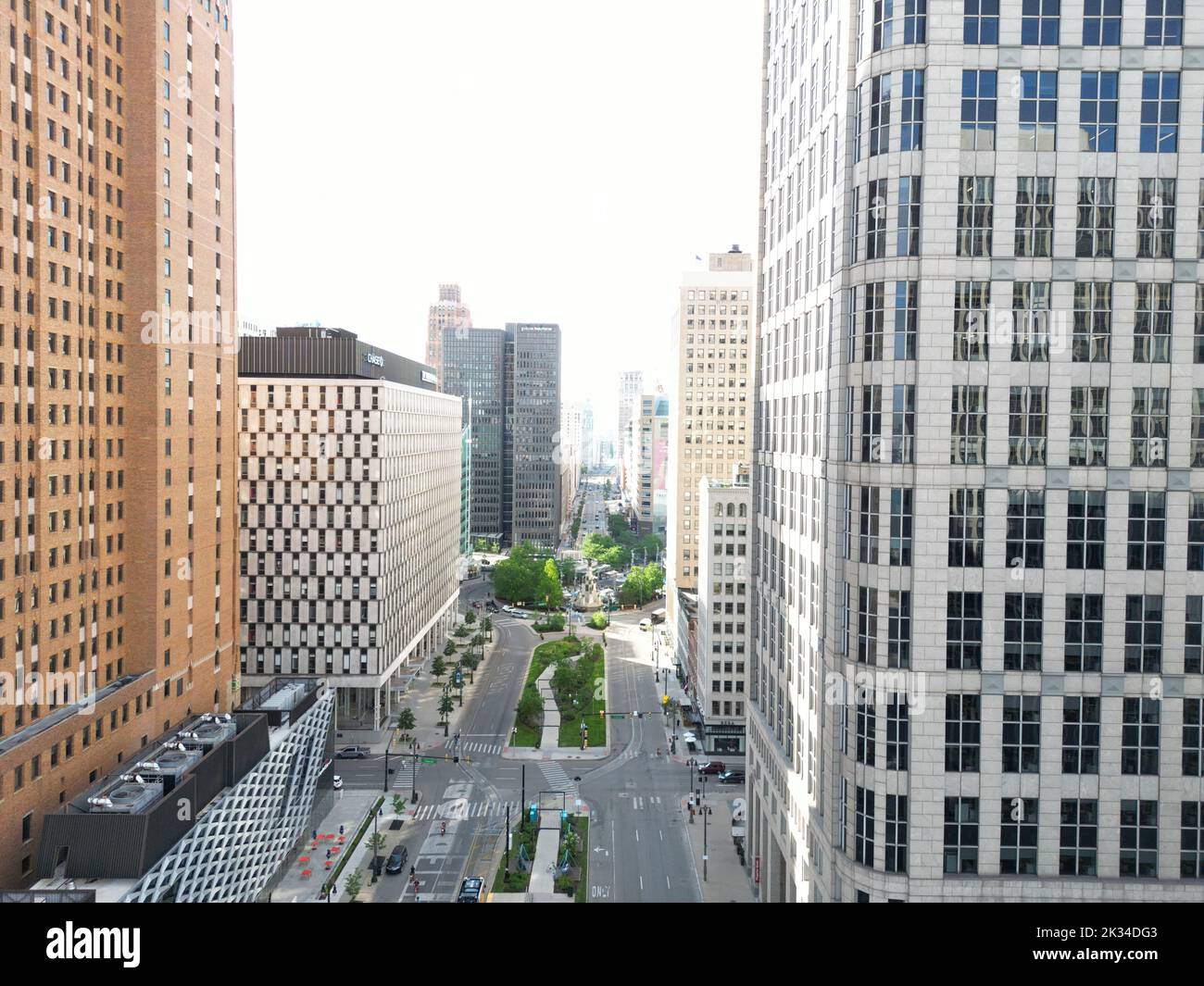 A drone view of the One Woodward Avenue skyscraper towers in Downtown Detroit, Michigan at daylight Stock Photo