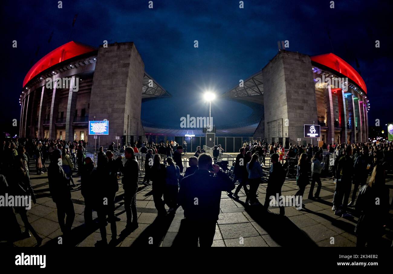 Berlin, Germany. 24th Sep, 2022. The illuminated Olympic Stadium at the