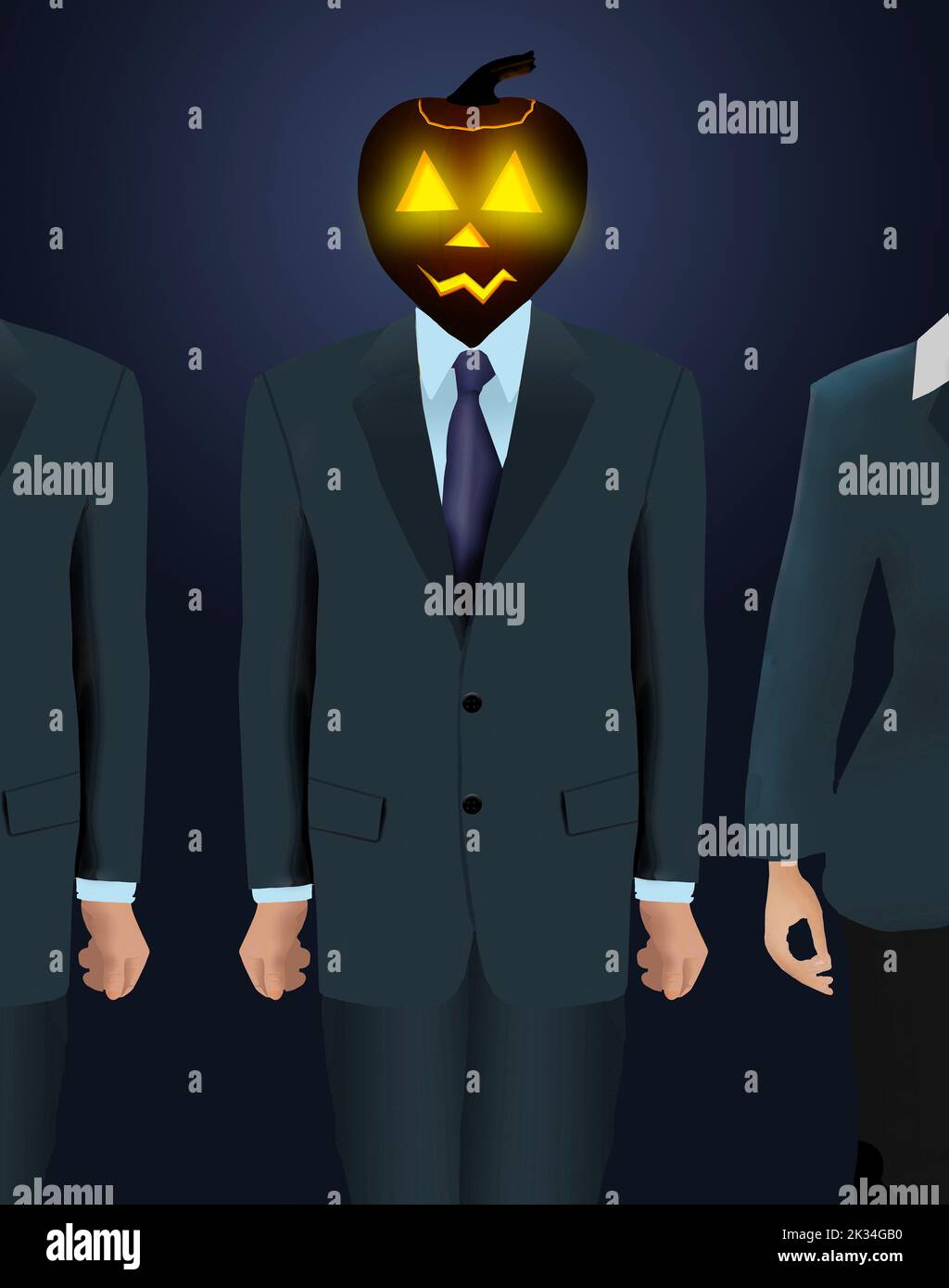 A man in a suit has a glowing pumpkin head for Halloween in this 3-d illustration. Stock Photo