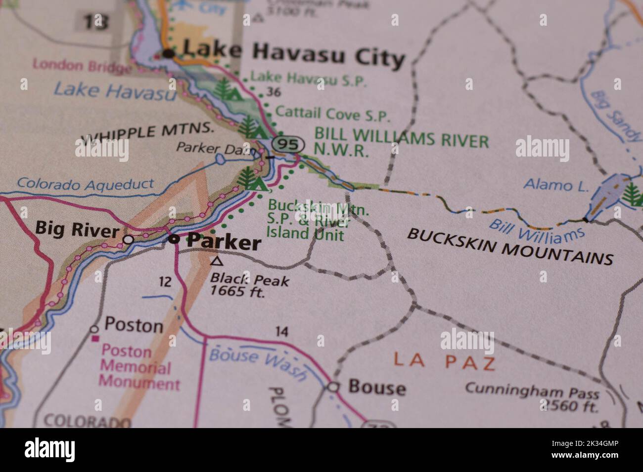 The town of Parker Arizona on a Road Map Stock Photo Alamy