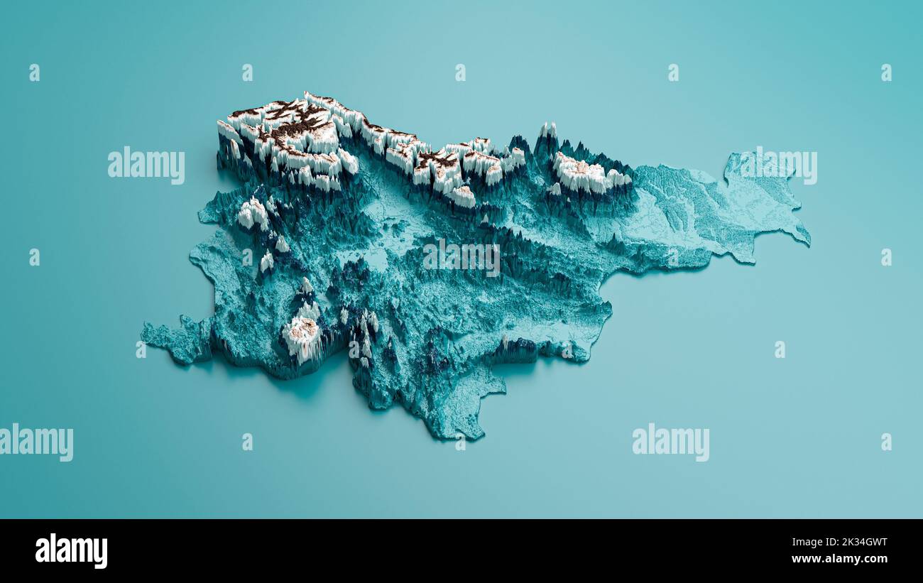 A 3D rendering of topographic Slovenia map hypsometric elevation tint ...