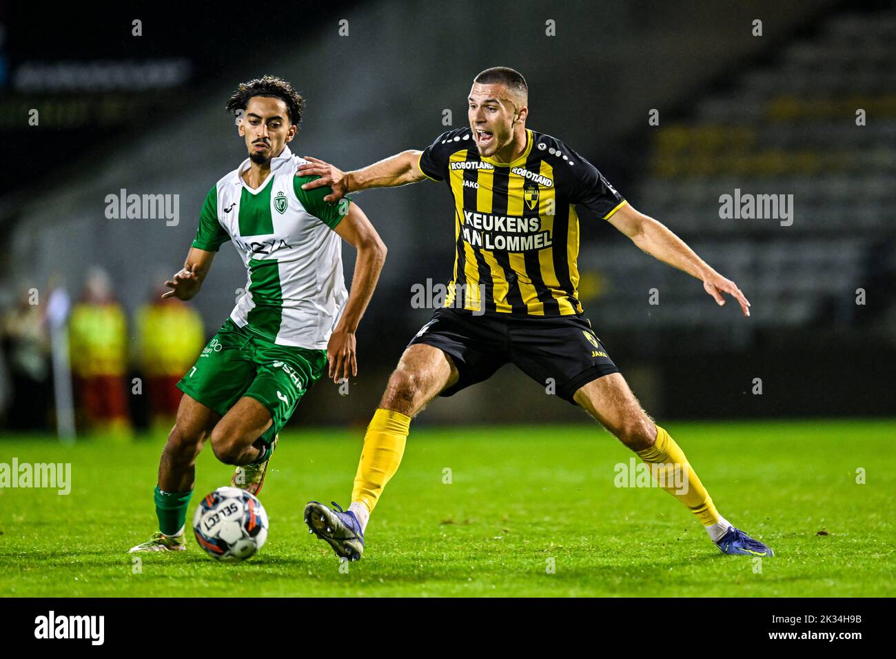 Racing's Yanis Mrani and Lierse's Joederick Pupe pictured in action during a soccer game between Lierse Kempenzonen and Koninklijke Racing Club Mechelen, Saturday 24 September 2022 in Lier, in the fifth round of the 'Croky Cup' Belgian cup. BELGA PHOTO TOM GOYVAERTS Stock Photo