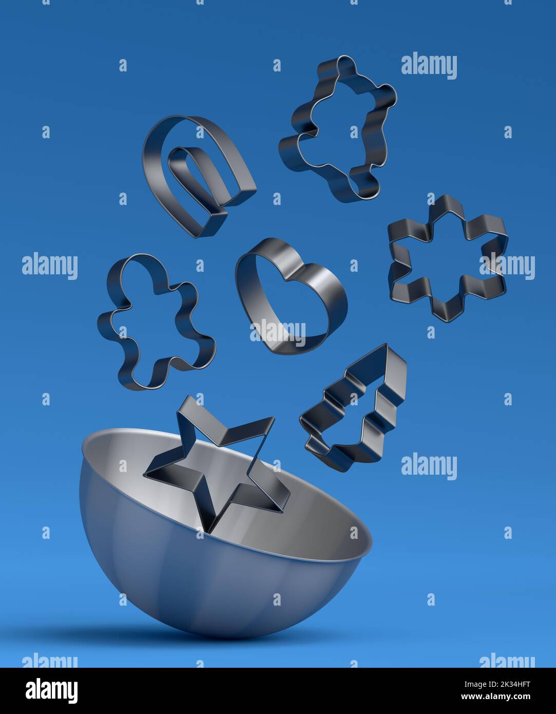 Metal bowl and cookie cutters with kitchen utensil for preparation of