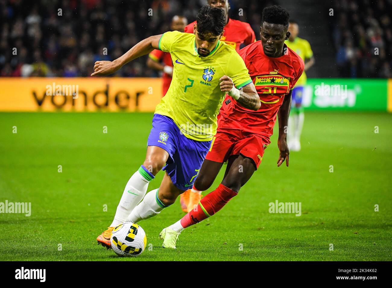 Lucas PAQUETA of Brazil and Iddrisu BABA of Ghana during the International Friendly football match between Brazil and Ghana on September 23, 2022 at Oceane Stadium in Le Havre, France - Photo: Matthieu Mirville/DPPI/LiveMedia Stock Photo