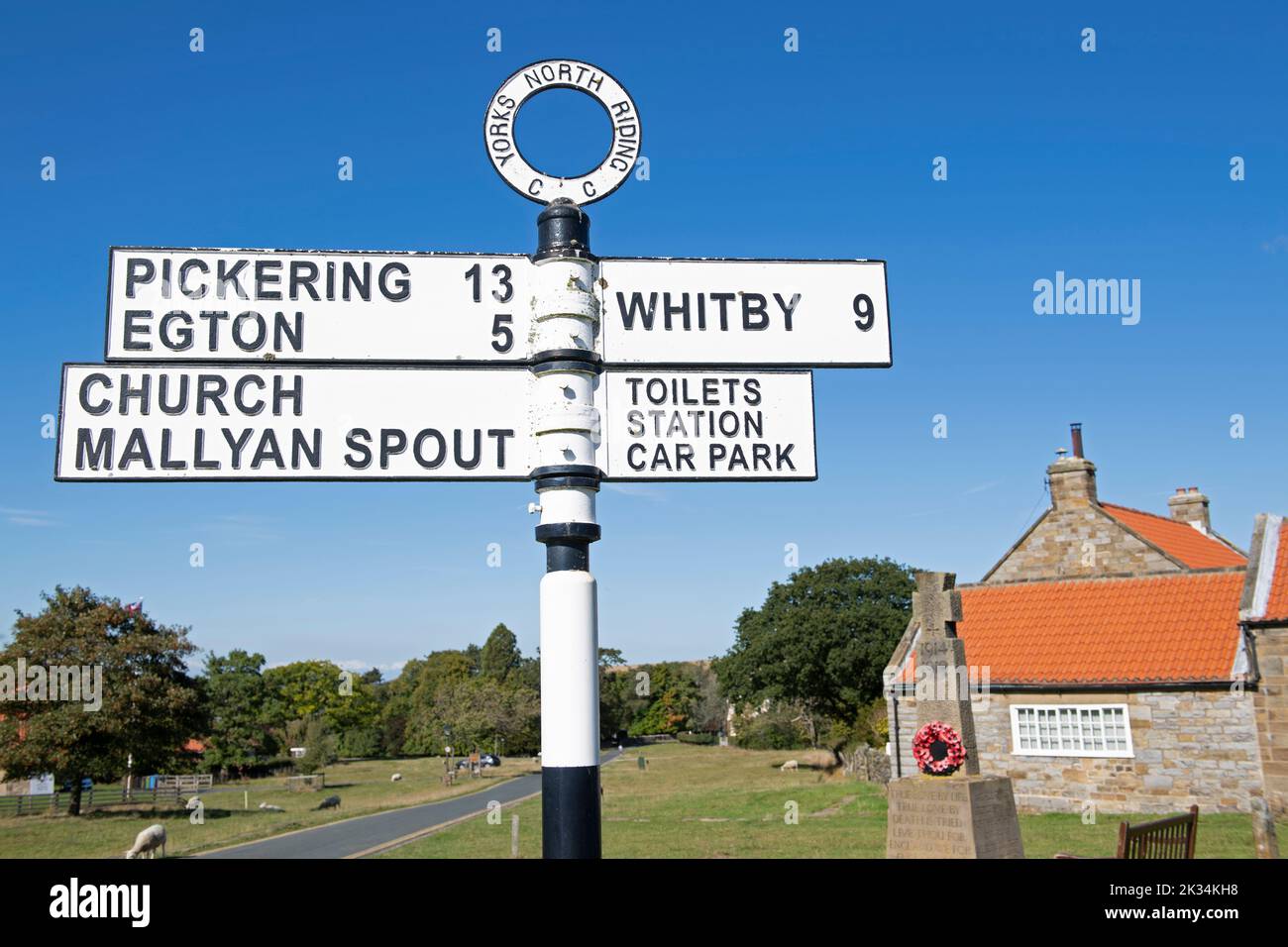 A street sign in the centre of Goathland village in the North Yorkshire Moors national park Stock Photo