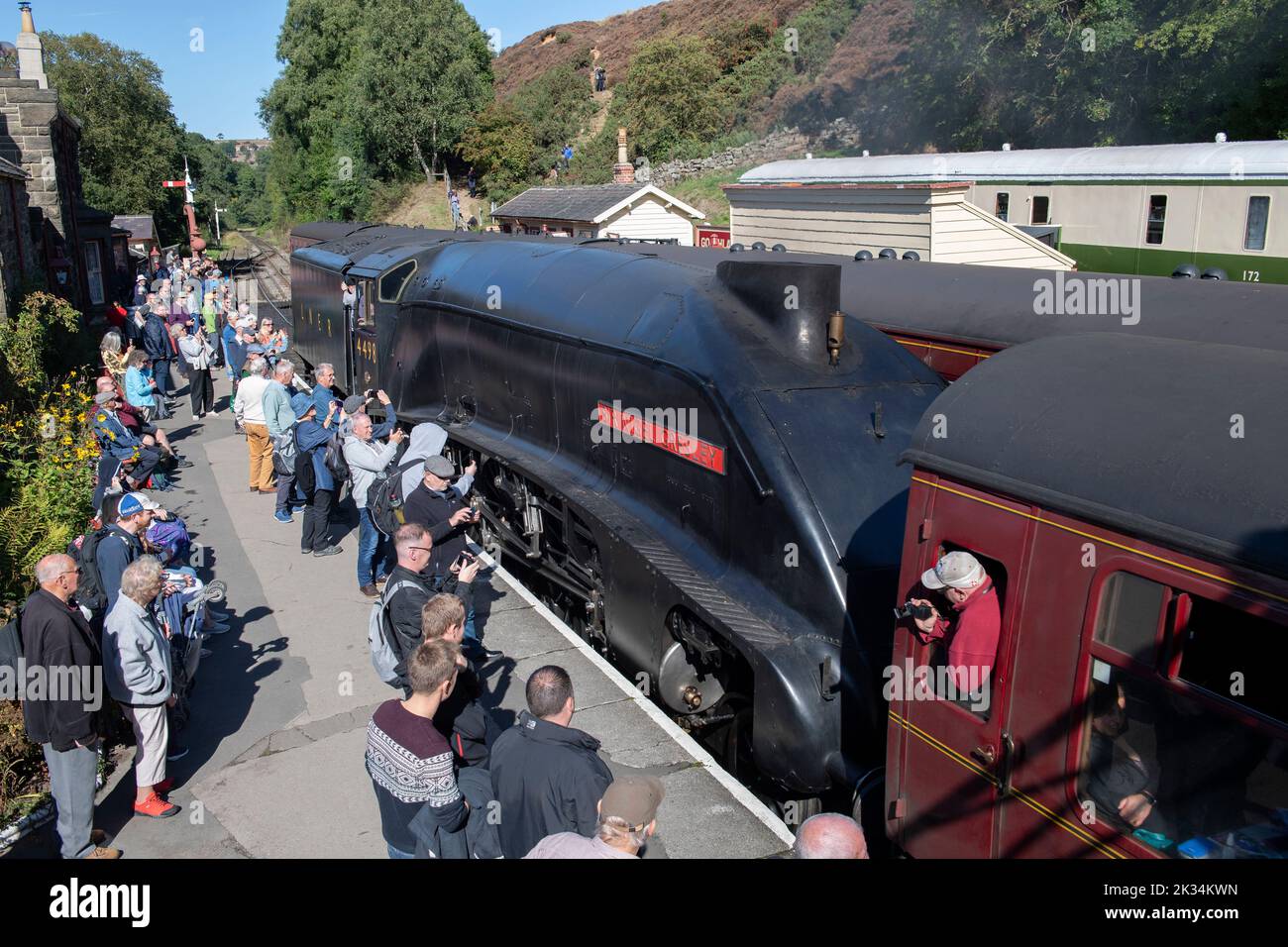 No.4498 Sir Nigel Gresley in Goathland station on the North Yorkshire Moors Railway at the annual steam gala. Stock Photo