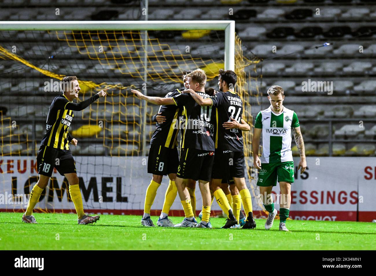 Lierse's Lucas Walbrecq celebrates after scoring during and Racing's Nick Spaenhoven shows defeat during a soccer game between Lierse Kempenzonen and Koninklijke Racing Club Mechelen, Saturday 24 September 2022 in Lier, in the fifth round of the 'Croky Cup' Belgian cup. BELGA PHOTO TOM GOYVAERTS Stock Photo