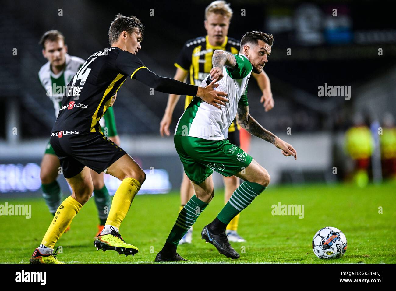 Lierse's Maxime De Bie and Racing's Gregory Carrez pictured in action during a soccer game between Lierse Kempenzonen and Koninklijke Racing Club Mechelen, Saturday 24 September 2022 in Lier, in the fifth round of the 'Croky Cup' Belgian cup. BELGA PHOTO TOM GOYVAERTS Stock Photo
