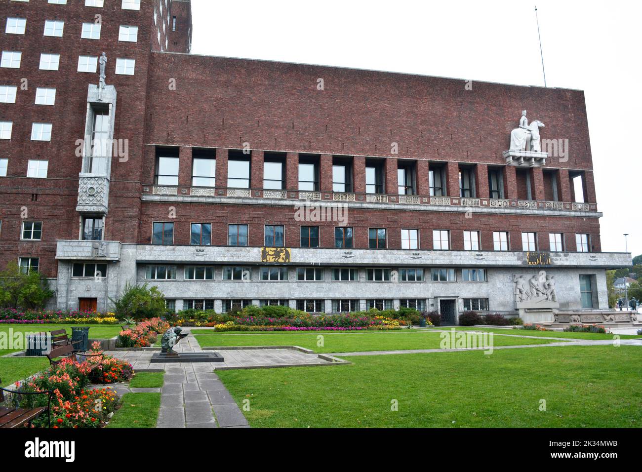 Oslo, Norway, September 2022: Crown Princess Märtha's Square park with the west wall of Oslo City Hall at the back. Stock Photo