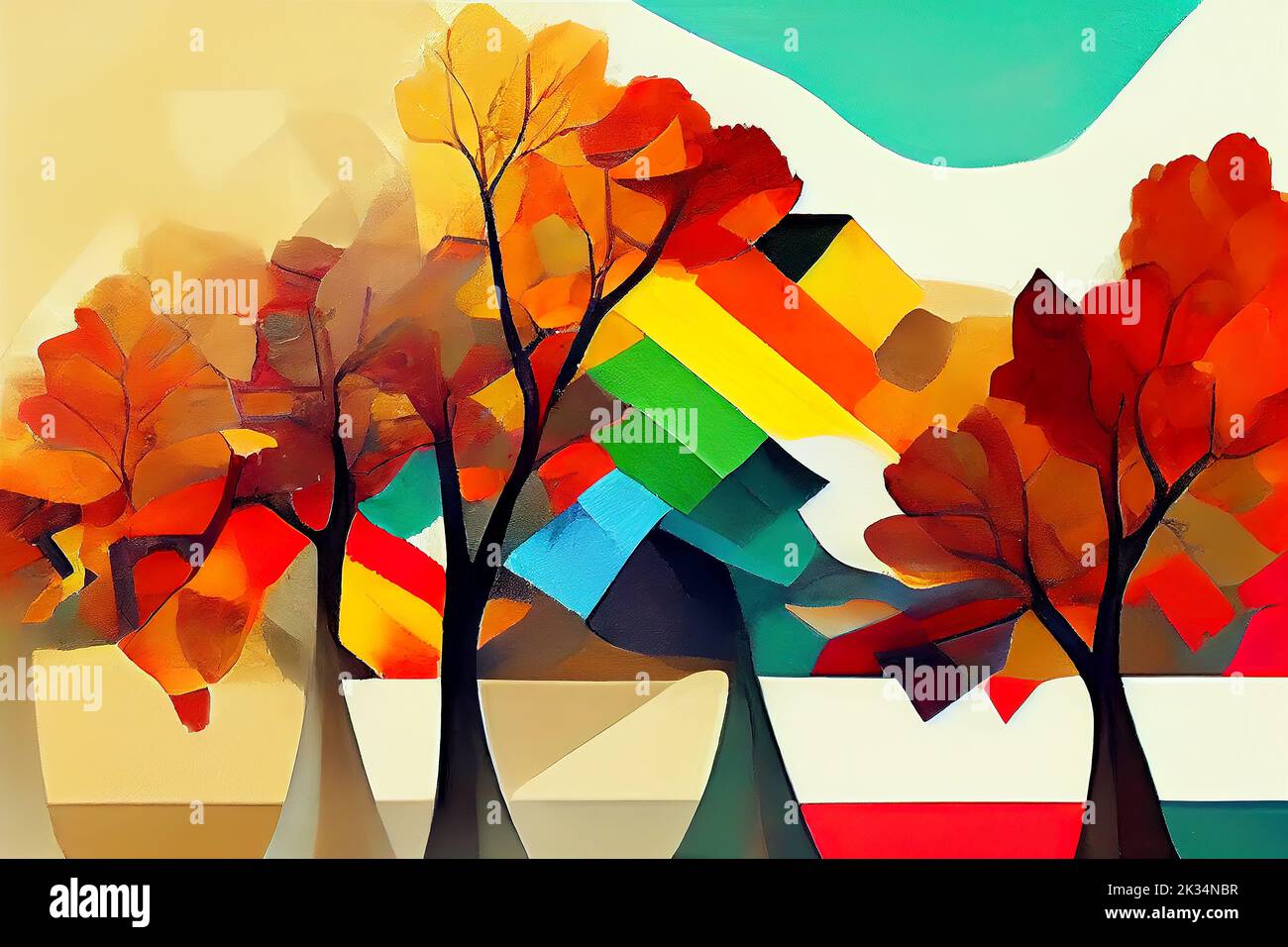 Autumn forest rainbow colorful colors. Style modernism. Artistic effect ...