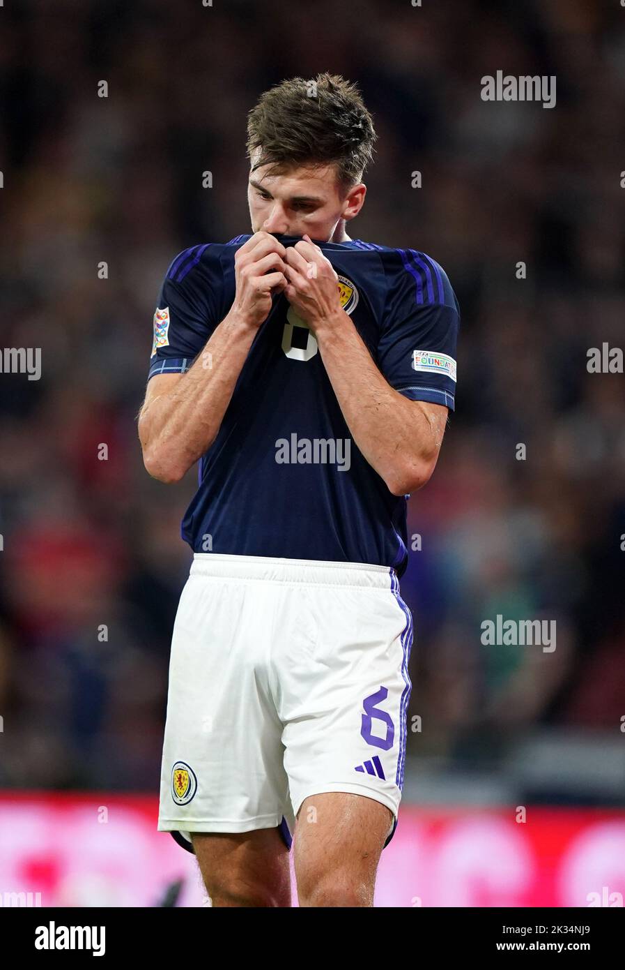 Scotland's Kieran Tierney leaves the field with an injury during the UEFA Nations League Group E Match at Hampden Park, Glasgow. Picture date: Saturday September 24, 2022. Stock Photo