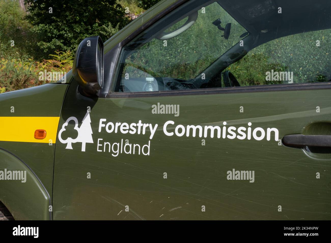 Forestry Commission England logo on pickup truck vehicle in the countryside, England, UK Stock Photo