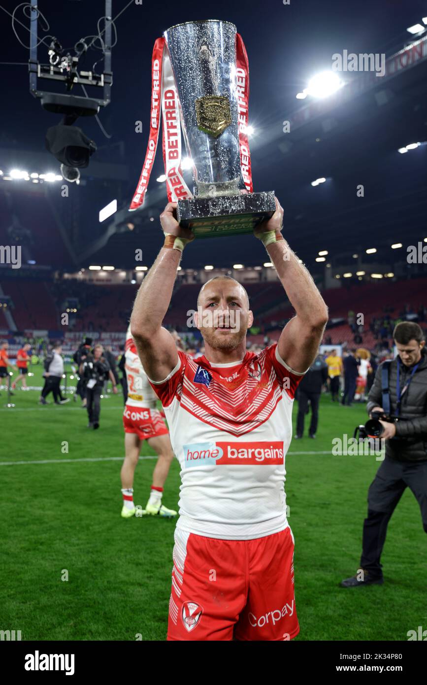 St Helens' James Roby celebrates with the trophy after victory in the Betfred Super League Grand Final at Old Trafford, Manchester. Picture date: Saturday September 24, 2022. Stock Photo