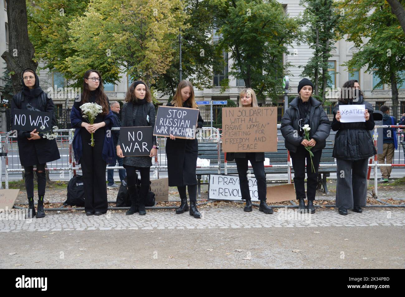 Berlin, Germany - September 24, 2022 - Women in Black - Demonstration in front of the Russian Embassy at Unter den Linden against the war in Ukraine and the military mobilization in Russia. (Photo by Markku Rainer Peltonen) Stock Photo