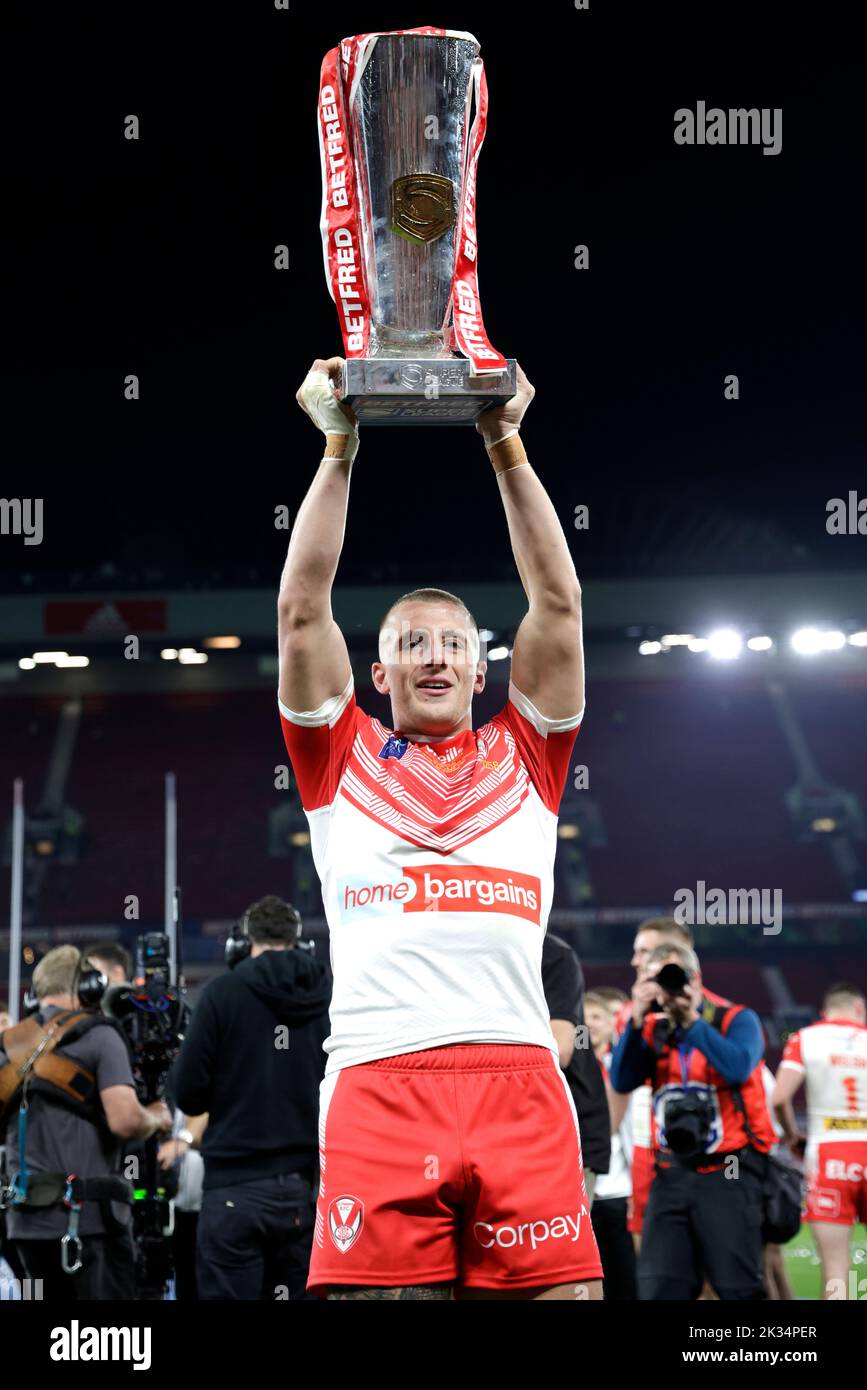 St Helens' Jake Wingfield celebrates with the trophy after victory in the Betfred Super League Grand Final at Old Trafford, Manchester. Picture date: Saturday September 24, 2022. Stock Photo