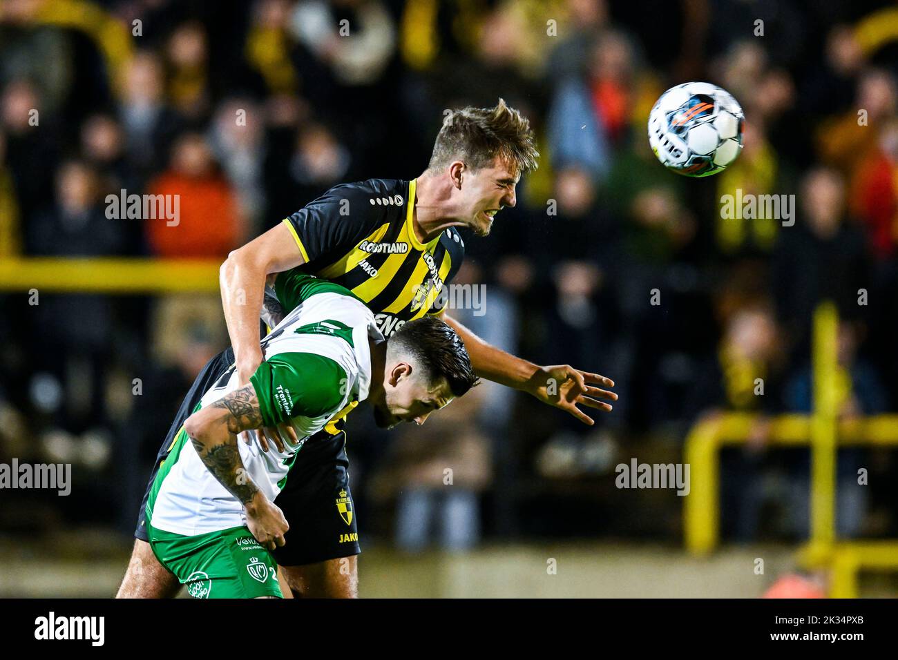 Racing's Gregory Carrez and Lierse's Toon Raemaekers pictured in action during a soccer game between Lierse Kempenzonen and Koninklijke Racing Club Mechelen, Saturday 24 September 2022 in Lier, in the fifth round of the 'Croky Cup' Belgian cup. BELGA PHOTO TOM GOYVAERTS Stock Photo
