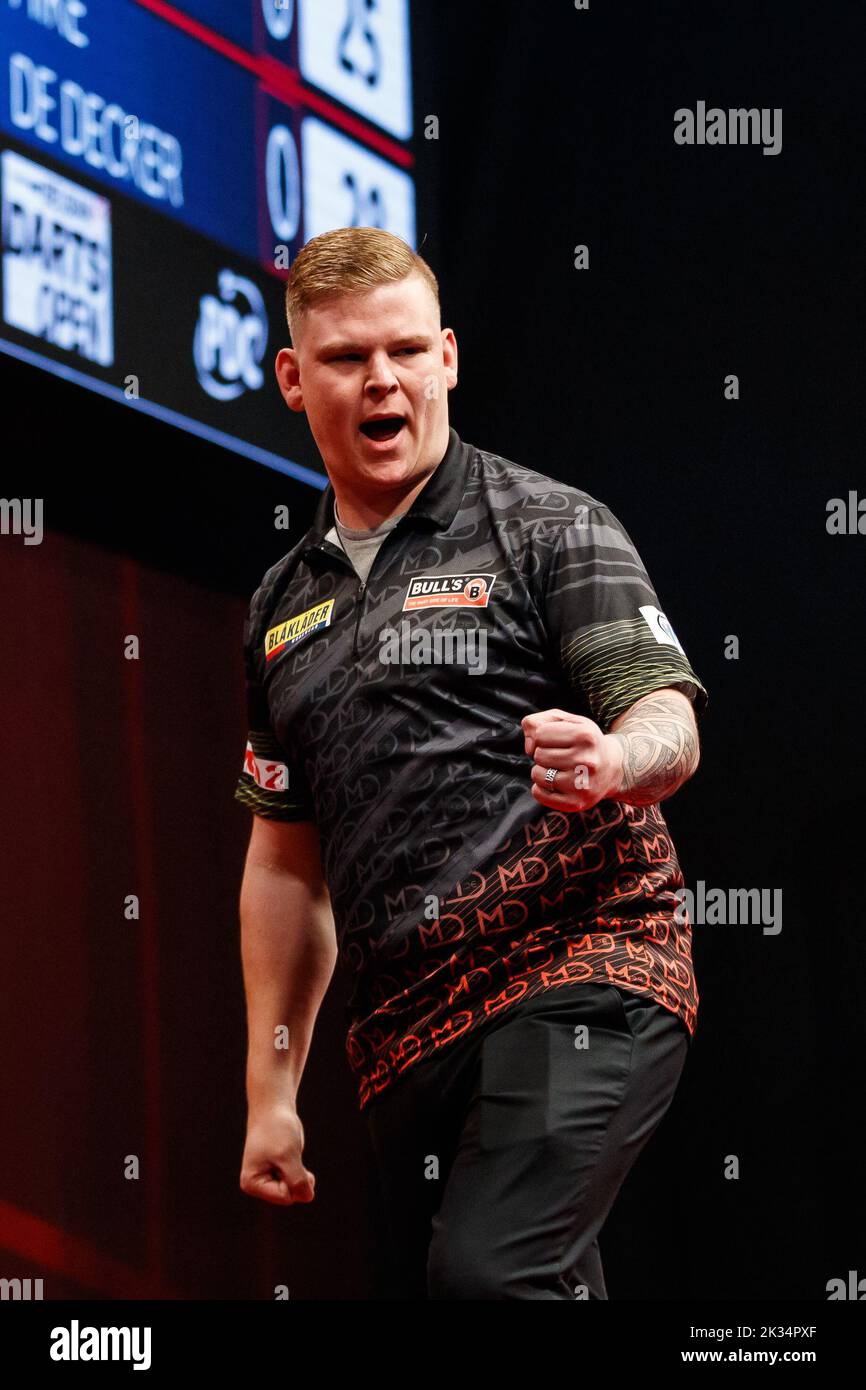 Belgian Mike De Decker celebrates the second day of the Belgian Darts