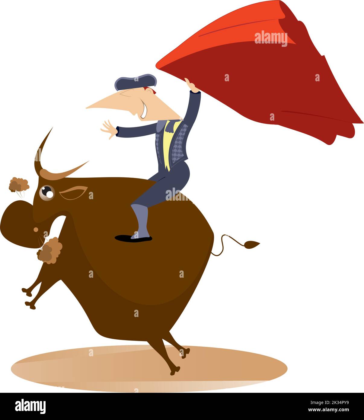 Bullfighter and the bull isolated. Smiling bullfighter rides on the ...