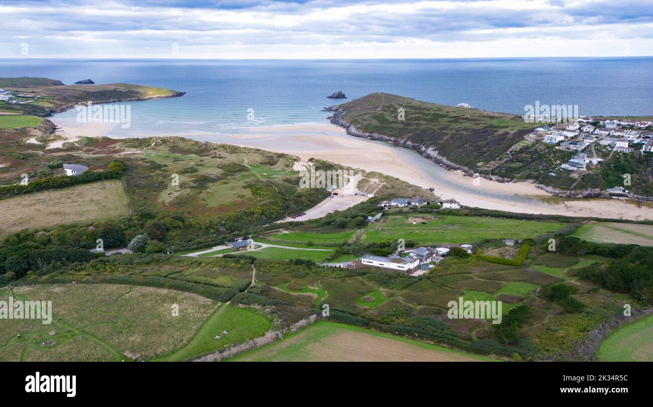 An aerial view of Crantock beach on the north Cornwall Coastline with sea, sandy beach and sand dunes Stock Photo