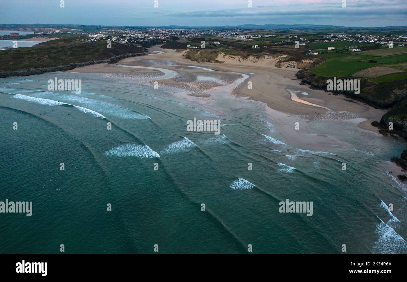 An aerial view of Crantock beach on the north Cornwall Coastline with sea, sandy beach and sand dunes Stock Photo