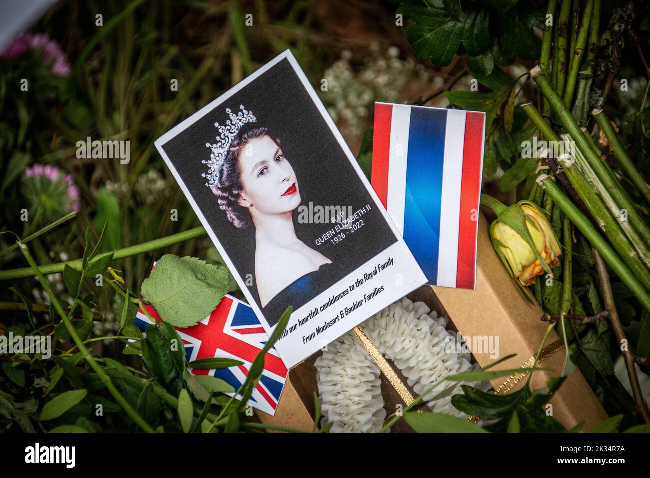 Photograph of The Queen surrounded by flags and flowers after her