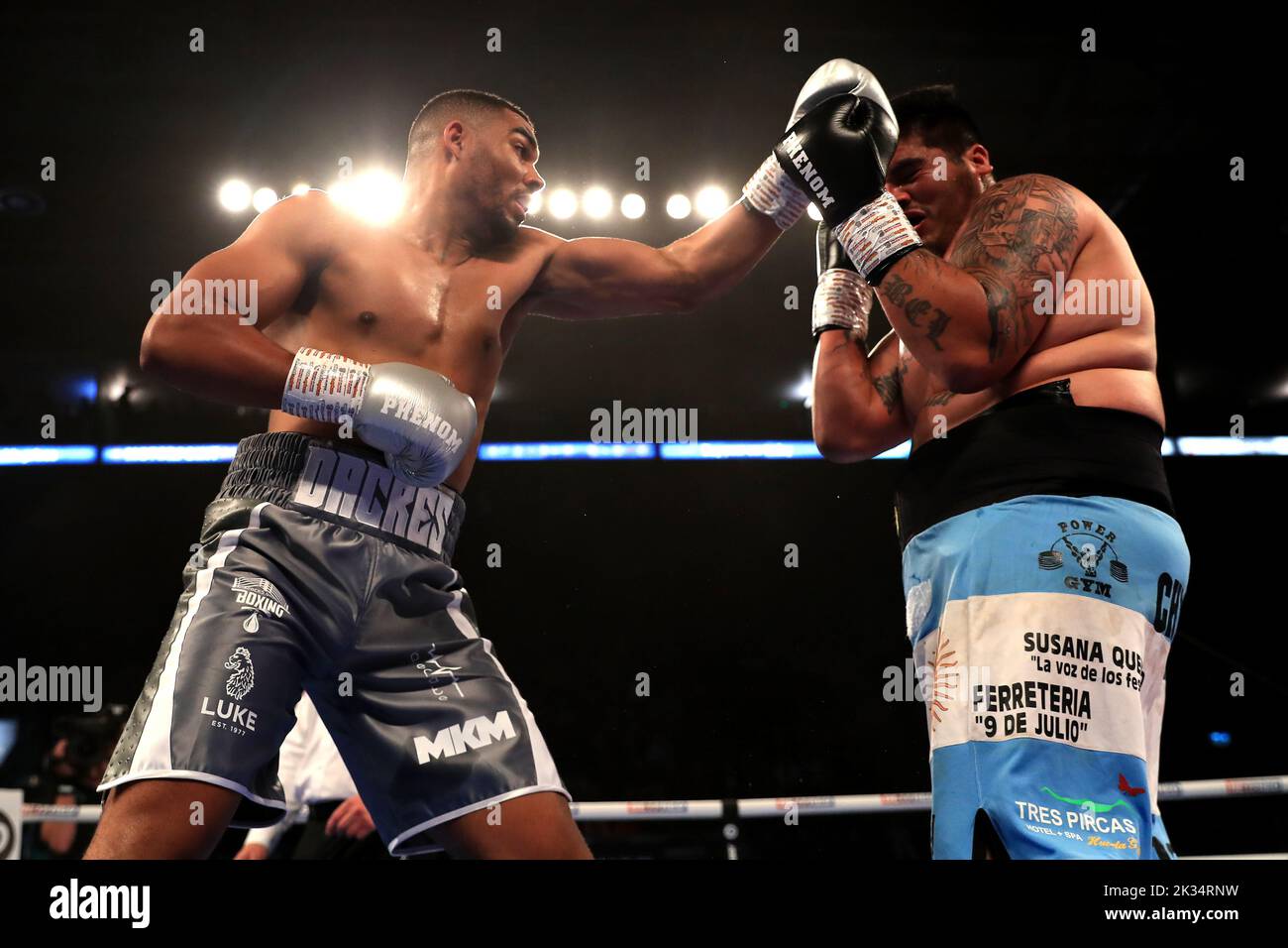 Solomon Dacres (left) in action against Ariel Esteban Bracamonte in the Heavyweight contest at Motorpoint Arena, Nottingham. Picture date: Saturday September 24, 2022. Stock Photo