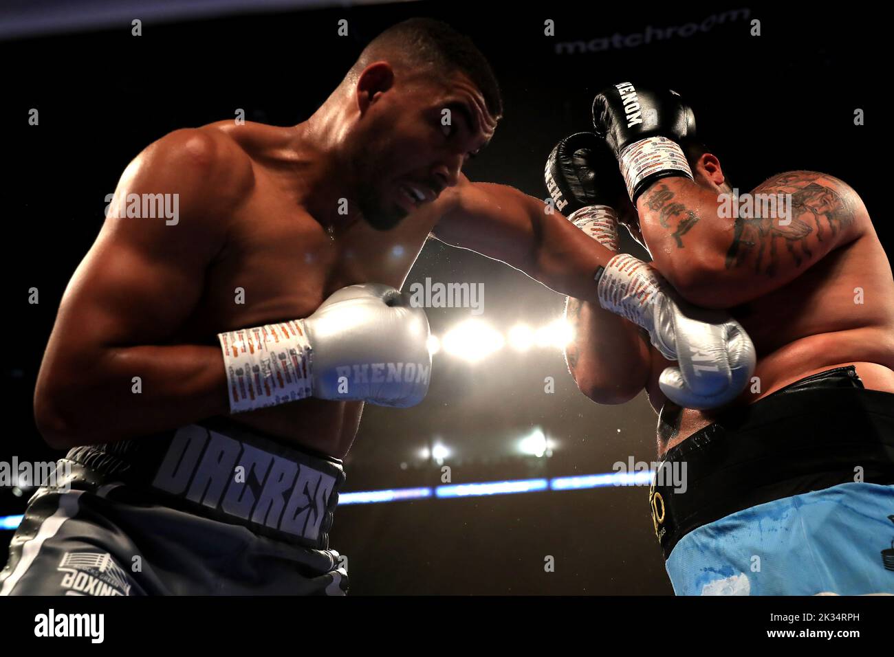 Solomon Dacres (left) in action against Ariel Esteban Bracamonte in the Heavyweight contest at Motorpoint Arena, Nottingham. Picture date: Saturday September 24, 2022. Stock Photo
