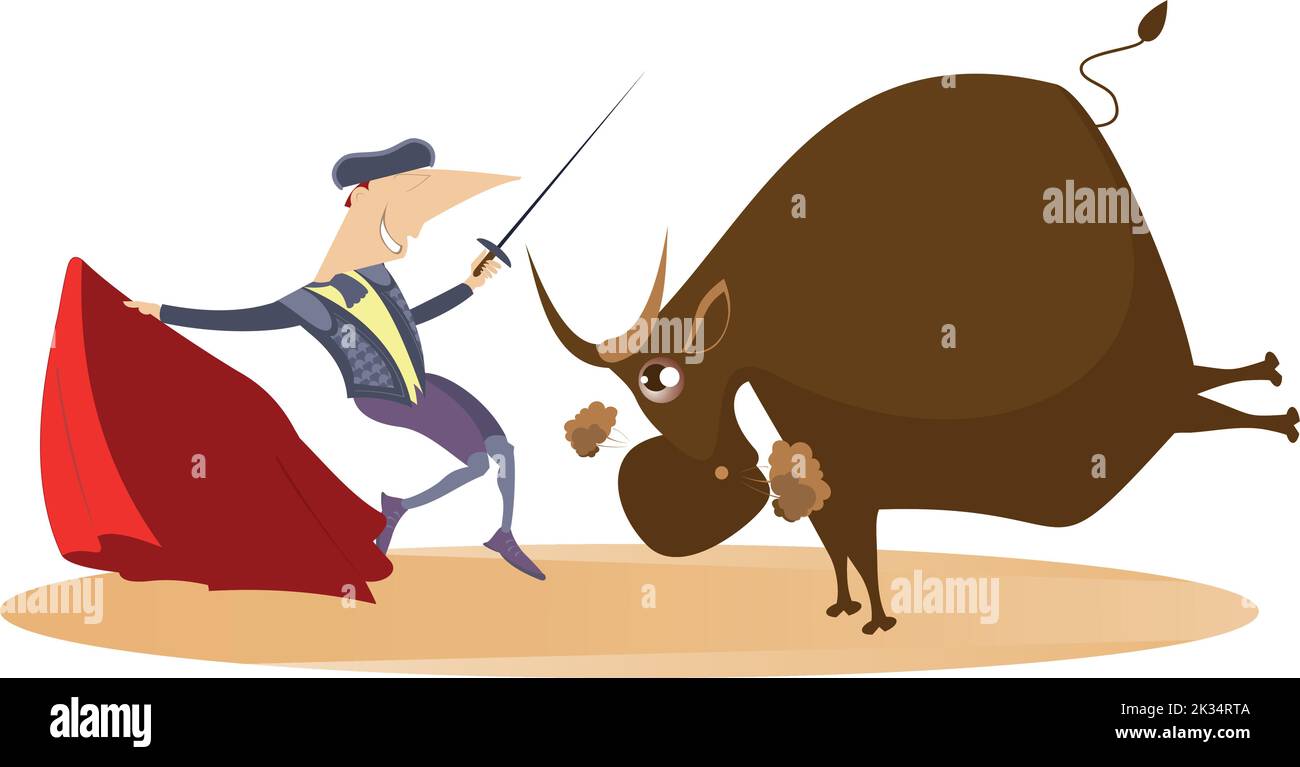 Bullfighter and angry bull illustration. Cartoon bullfighter with