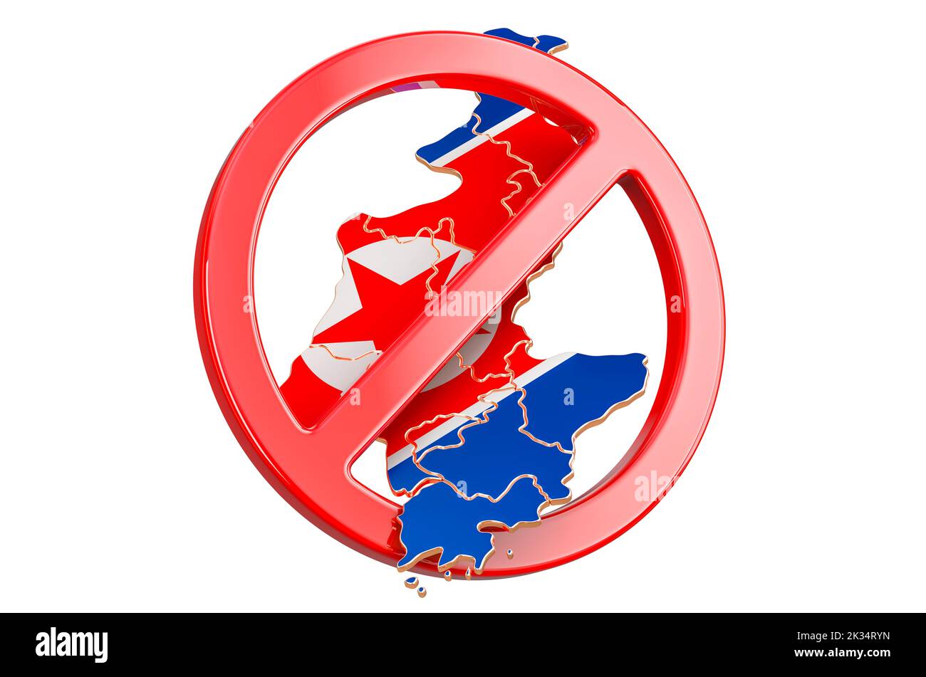 North Korean map with forbidden sign, 3D rendering isolated on white