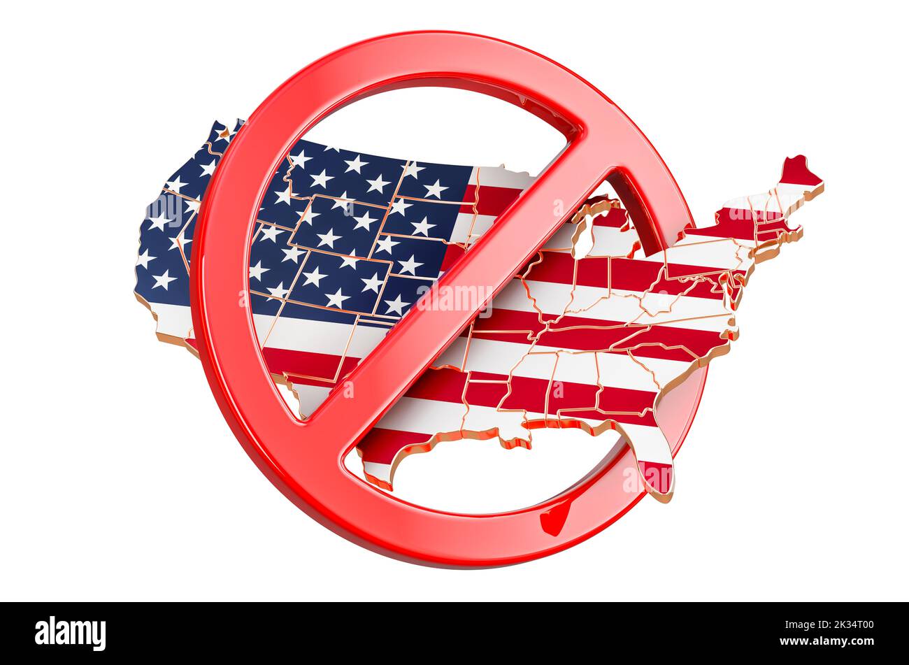 The United States map with forbidden sign, 3D rendering isolated on white background Stock Photo