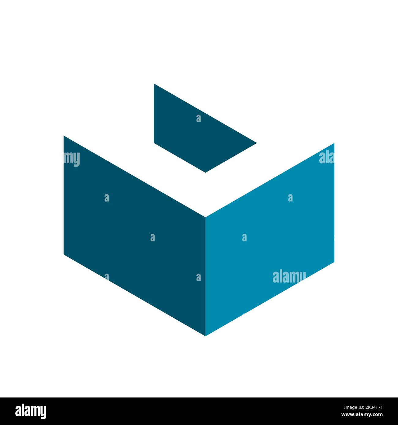 Letter U cube logo. 3D isometric block shape with long shadow effect. Blue box with white letter U on top. Construction industry symbol. Vector Stock Vector