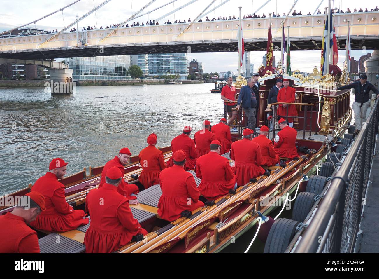 London, UK. 24th Sep, 2022. The crew of Royal Row Barge “Gloriana” prepare to take part in the Thames Flotilla -150 illuminated boats sailing down the Thames in support of the RNLI. Credit: Brian Minkoff /Alamy Live News Stock Photo