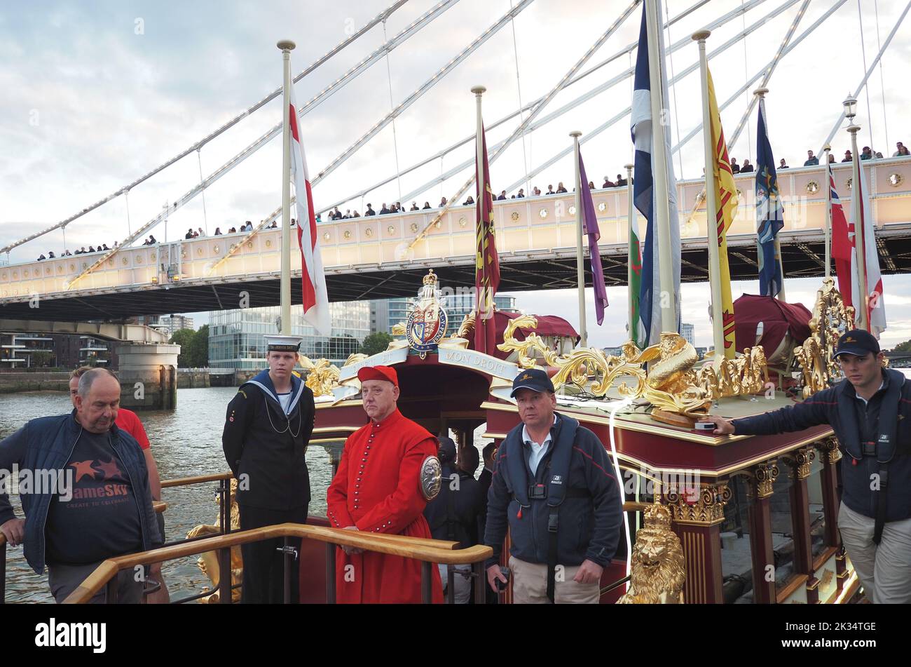 London, UK. 24th Sep, 2022. The crew of Royal Row Barge “Gloriana” prepare to take part in the Thames Flotilla -150 illuminated boats sailing down the Thames in support of the RNLI. Credit: Brian Minkoff /Alamy Live News Stock Photo