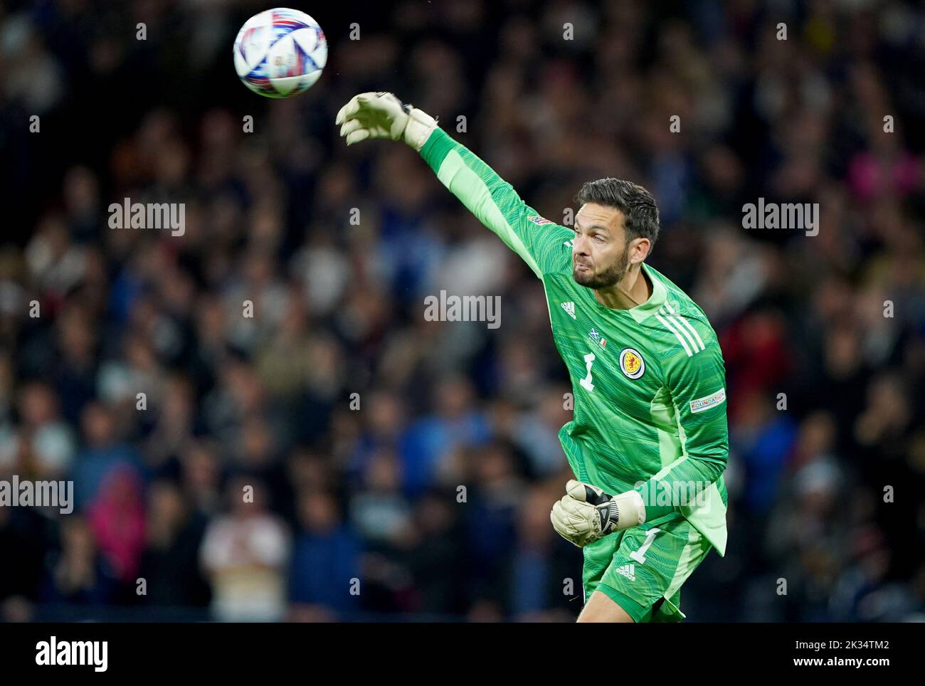 Scotland goalkeeper Craig Gordon throws the ball during the UEFA Nations League Group E Match at Hampden Park, Glasgow. Picture date: Saturday September 24, 2022. Stock Photo