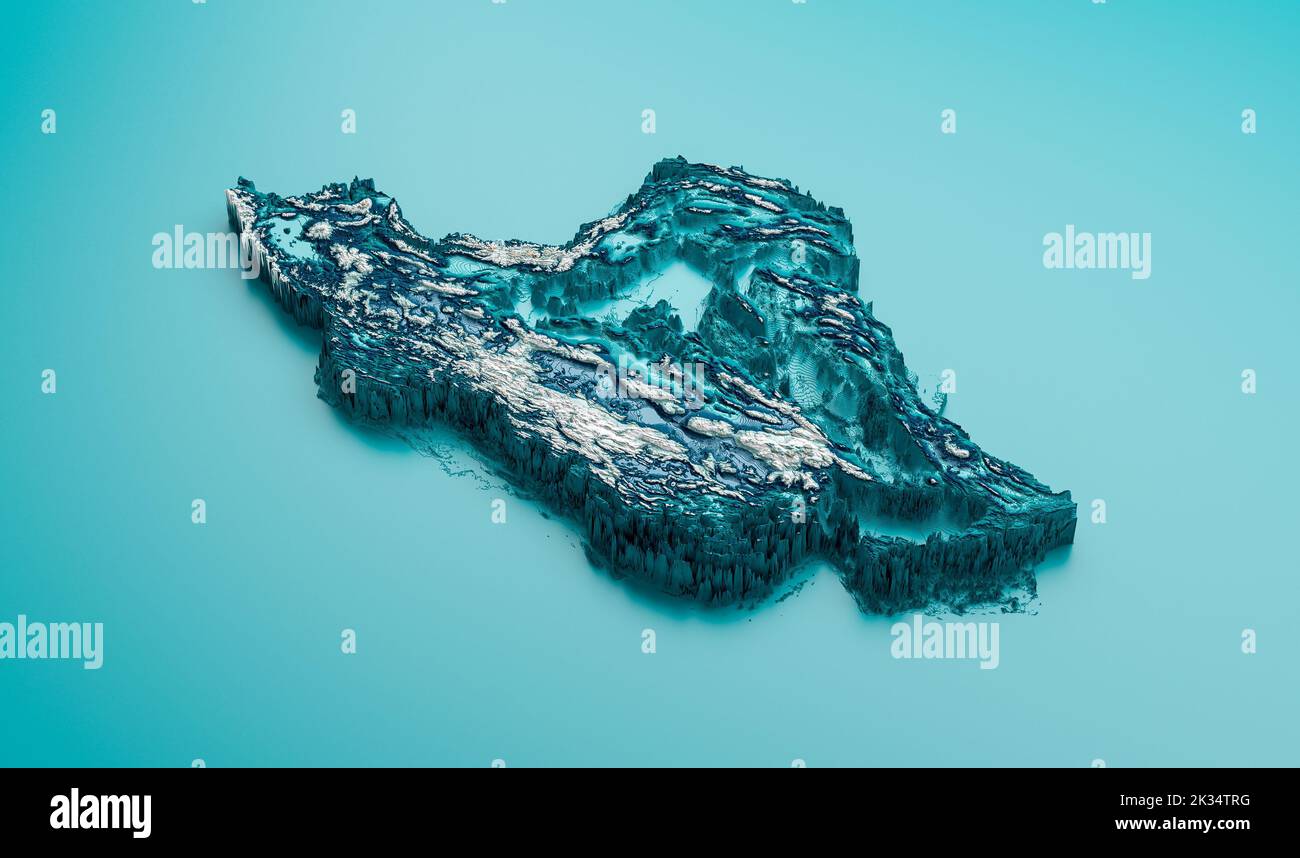 A shaded relief topographic map of Iran on a light blue background ...