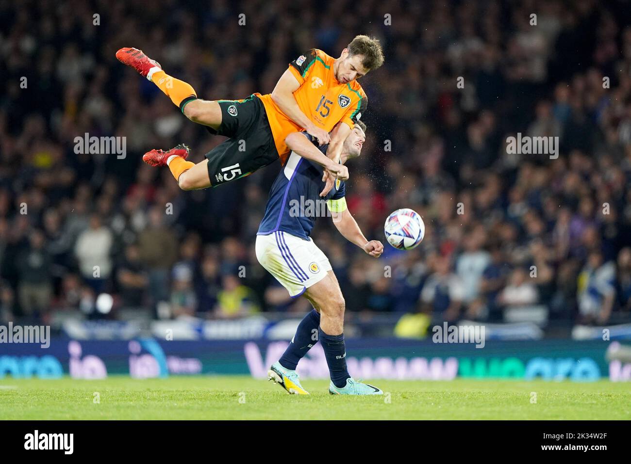 Republic of Ireland's Jayson Molumby (left) and Scotland's John McGinn battle for the ball during the UEFA Nations League Group E Match at Hampden Park, Glasgow. Picture date: Saturday September 24, 2022. Stock Photo