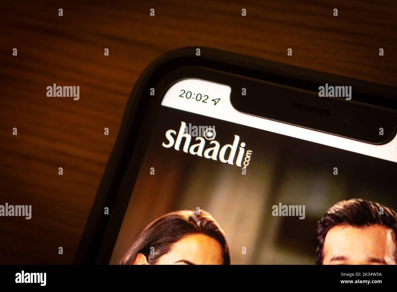 Logo of Shaadi on its website on iPhone in dark mood. Shaadi.com is an Indian online wedding service. Core market is India, Pakistan, and Bangladesh Stock Photo