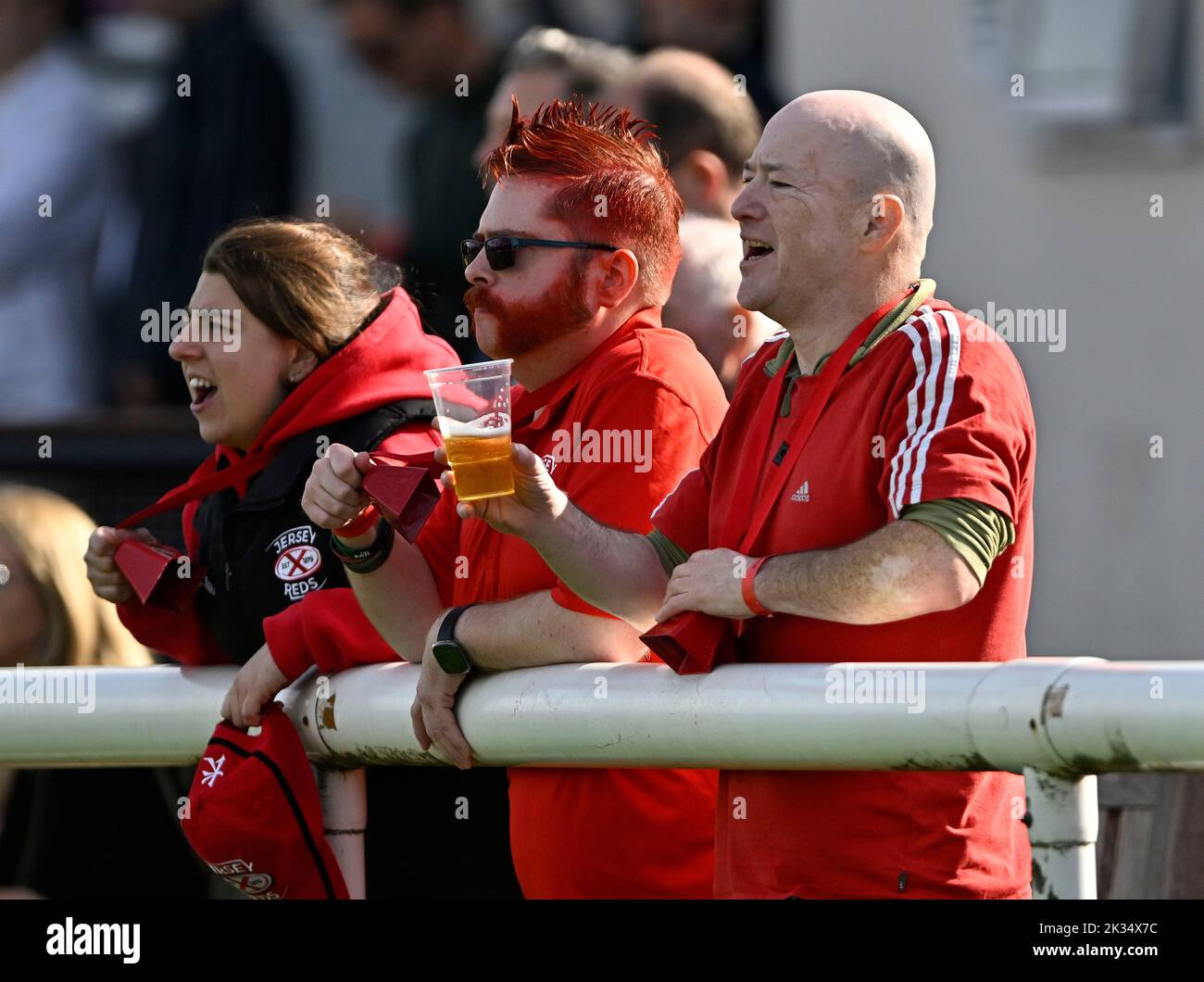 Richmond, United Kingdom. 24th Sep, 2022. Championship Rugby. London Scottish V Jersey Reds. The Richmond Athletic Ground. Richmond. Jersey fans cheer on the team during the London Scottish V Jersey Reds championship rugby match. Credit: Sport In Pictures/Alamy Live News Stock Photo