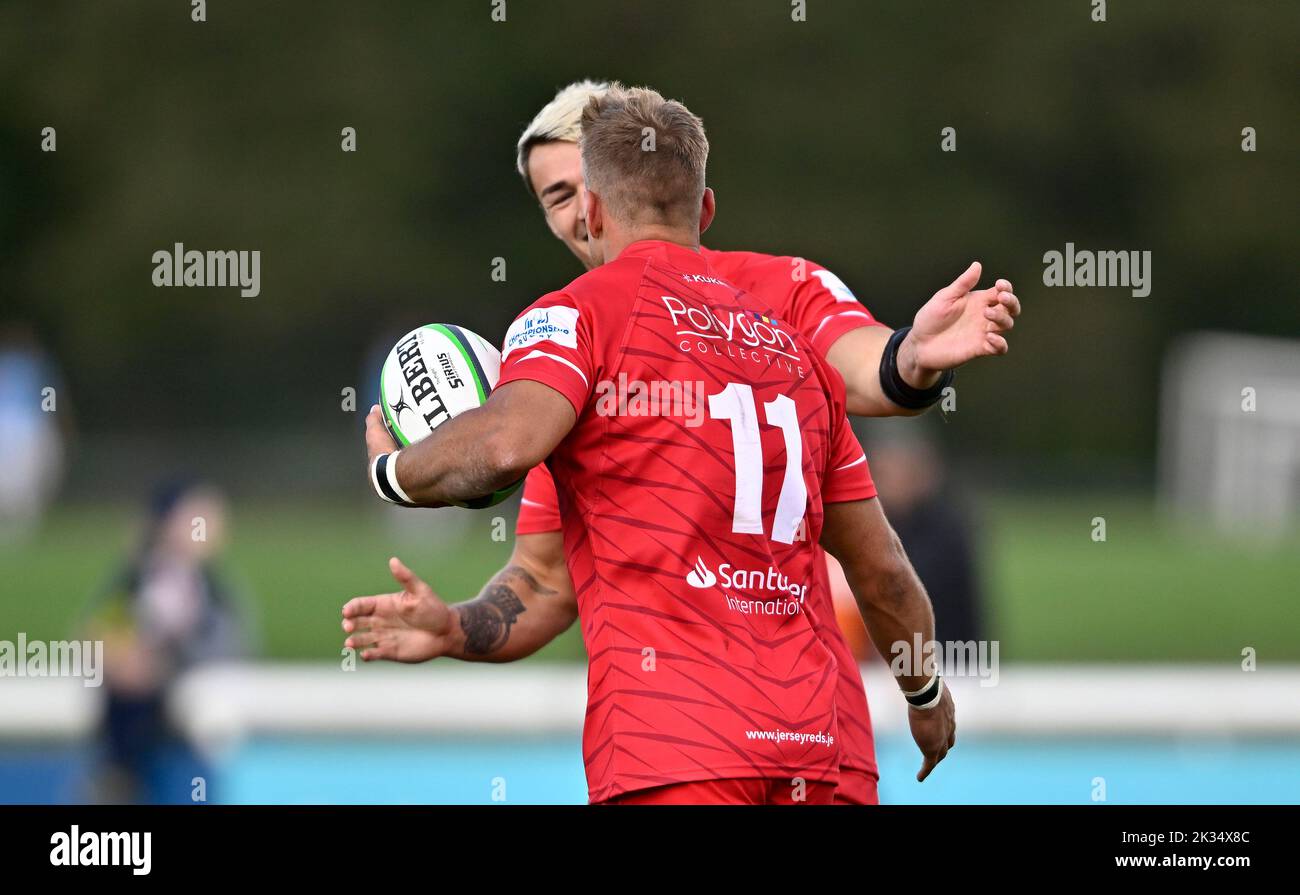 Richmond, United Kingdom. 24th Sep, 2022. Championship Rugby. London Scottish V Jersey Reds. The Richmond Athletic Ground. Richmond. Will Brown (Jersey Reds) is congratulated by Dan Barnes (Jersey Reds) after he scores his 3rd try (hattrick) during the London Scottish V Jersey Reds championship rugby match. Credit: Sport In Pictures/Alamy Live News Stock Photo
