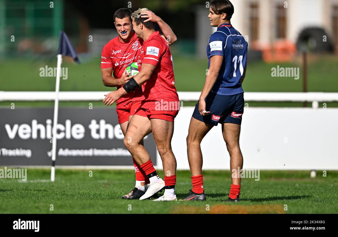 Richmond, United Kingdom. 24th Sep, 2022. Championship Rugby. London Scottish V Jersey Reds. The Richmond Athletic Ground. Richmond. Try scorer Dan Barnes (Jersey Reds) is congratulated by Russell Bennett (Jersey Reds) during the London Scottish V Jersey Reds championship rugby match. Credit: Sport In Pictures/Alamy Live News Stock Photo