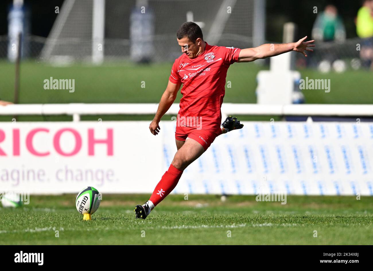 Richmond, United Kingdom. 24th Sep, 2022. Championship Rugby. London Scottish V Jersey Reds. The Richmond Athletic Ground. Richmond. Russell Bennett (Jersey Reds) kicks during the London Scottish V Jersey Reds championship rugby match. Credit: Sport In Pictures/Alamy Live News Stock Photo