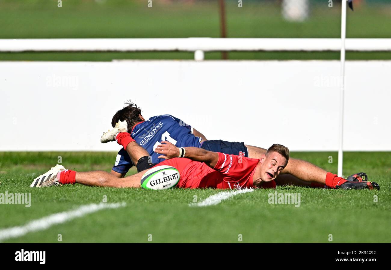 Richmond, United Kingdom. 24th Sep, 2022. Championship Rugby. London Scottish V Jersey Reds. The Richmond Athletic Ground. Richmond. Will Brown (Jersey Reds) dives in to score a try during the London Scottish V Jersey Reds championship rugby match. Credit: Sport In Pictures/Alamy Live News Stock Photo