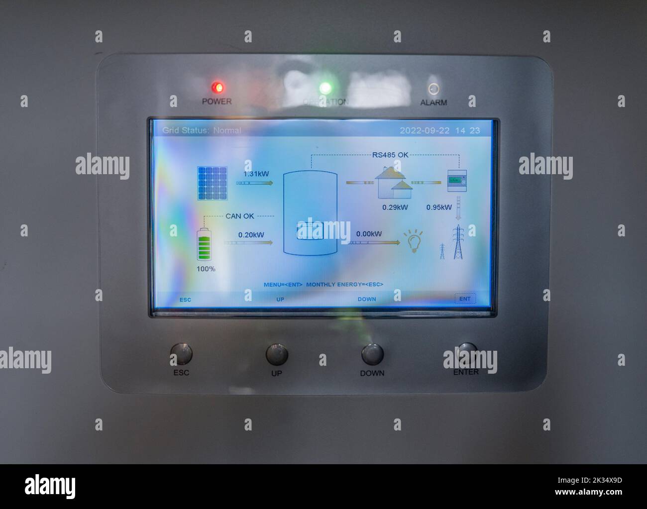 Solar power hybrid inverter with screen showing power generation, destination and battery capacity Stock Photo