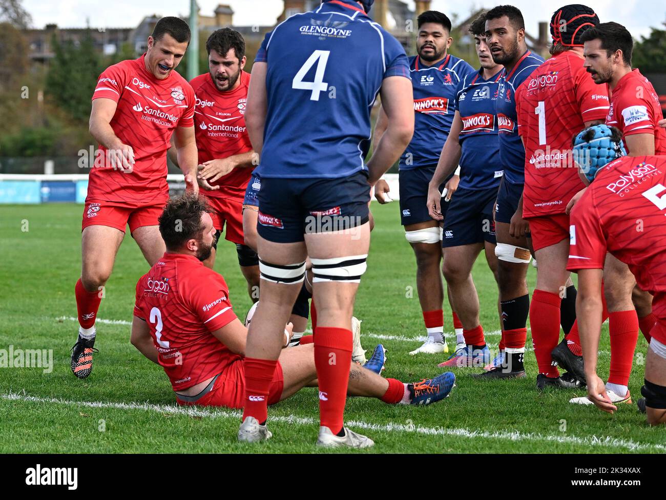 Richmond, United Kingdom. 24th Sep, 2022. Championship Rugby. London Scottish V Jersey Reds. The Richmond Athletic Ground. Richmond. Tryt scorer Eoghan Clarke (Jersey Reds, 2) is congratulated by his teammates during the London Scottish V Jersey Reds championship rugby match. Credit: Sport In Pictures/Alamy Live News Stock Photo