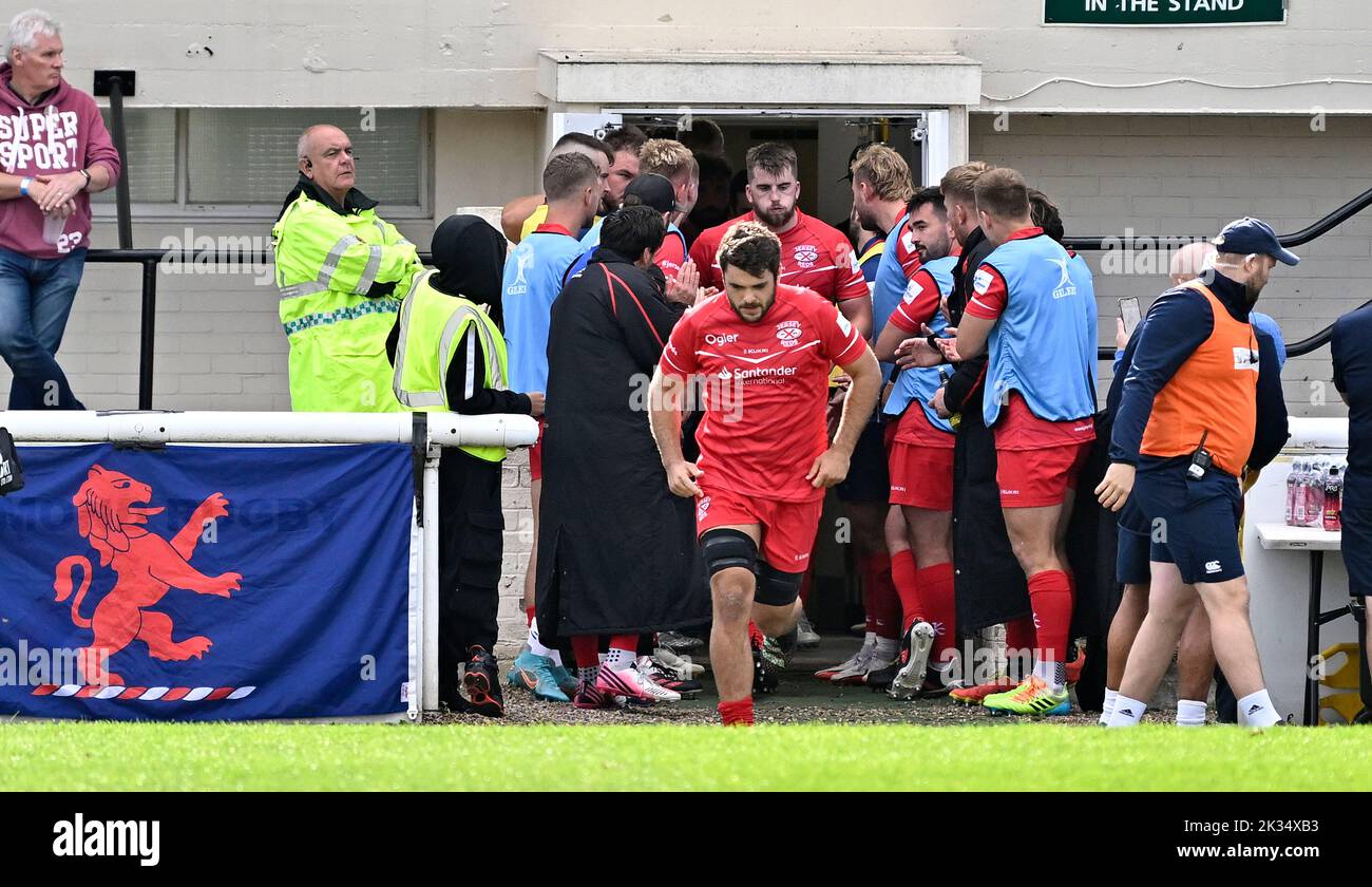 Richmond, United Kingdom. 24th Sep, 2022. Championship Rugby. London Scottish V Jersey Reds. The Richmond Athletic Ground. Richmond. Lewis Wynne (Jersey Reds, captain) leads out the team during the London Scottish V Jersey Reds championship rugby match. Credit: Sport In Pictures/Alamy Live News Stock Photo