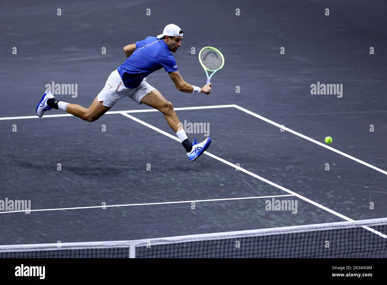 24th September 2022; O2, London England: Laver Cup international tennis tournament: Matteo Berrettini of Team Europe in action against Felix Auger-Aliassime of Team World Stock Photo