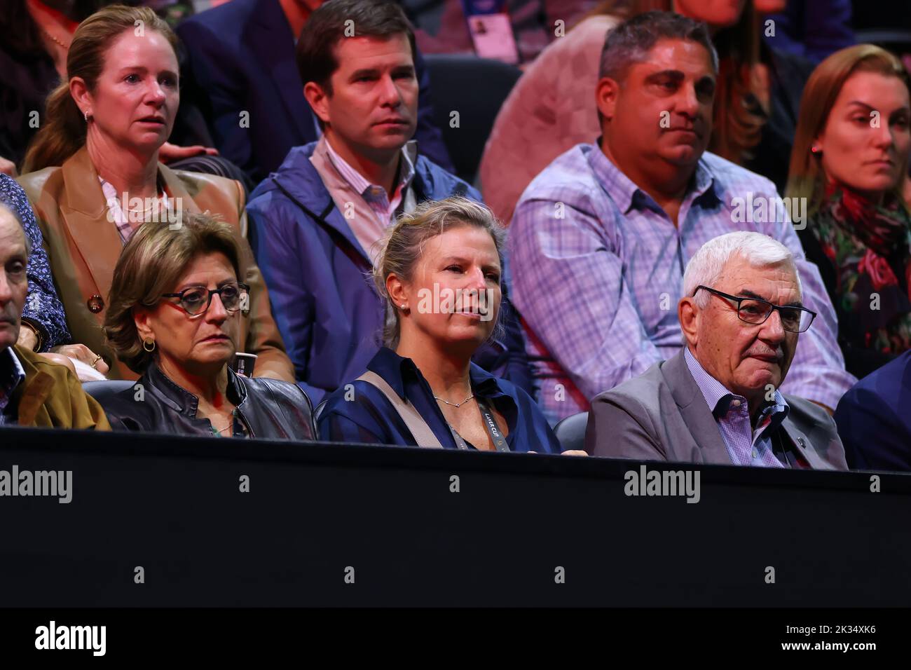 24th September 2022; O2, London England: Laver Cup international tennis tournament: Mirka Federer sits in the crowd with Lynette Federer and Robert Federer Stock Photo