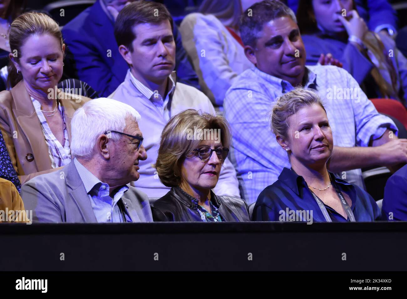 24th September 2022; O2, London England: Laver Cup international tennis tournament: Mirka Federer sits in the crowd with Lynette Federer and Robert Federer Stock Photo