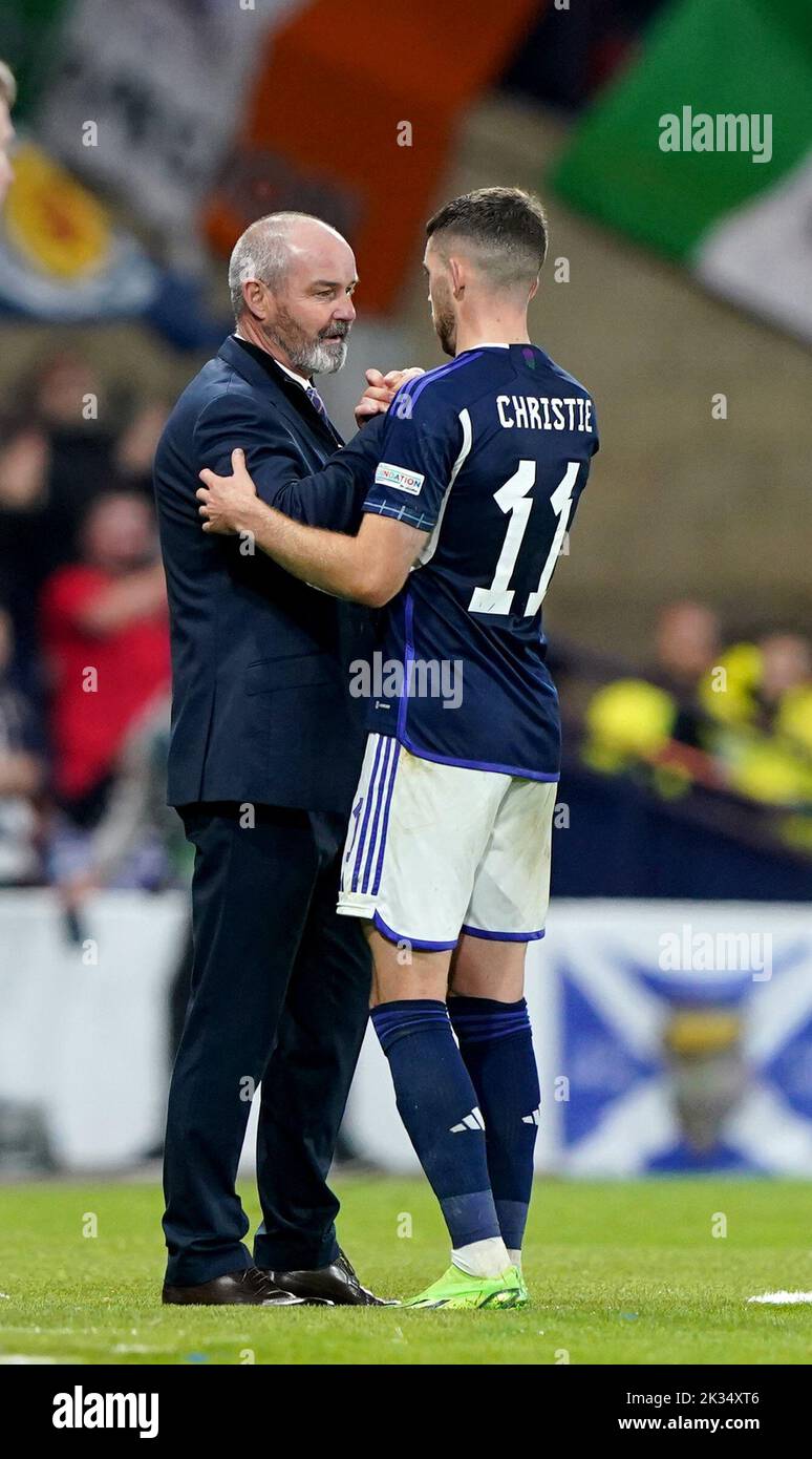 Scotland manager Steve Clarke (left) congratulates Ryan Christie as he leaves the field after scoring the winning goal during the UEFA Nations League Group E Match at Hampden Park, Glasgow. Picture date: Saturday September 24, 2022. Stock Photo