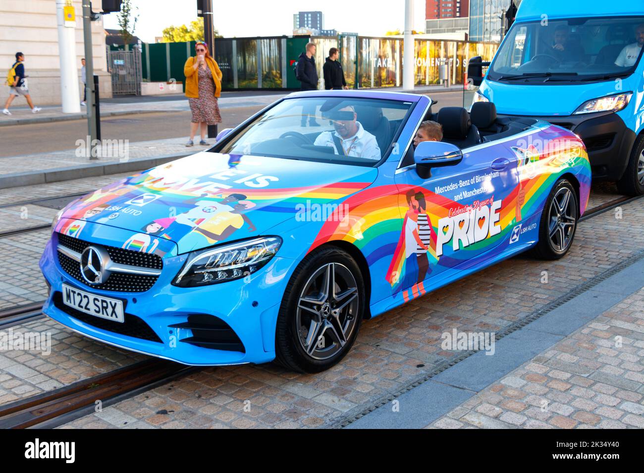 convertible Mercedes with decals at Gay Pride parade protest 2022 in birmingham city centre uk september 24th Stock Photo